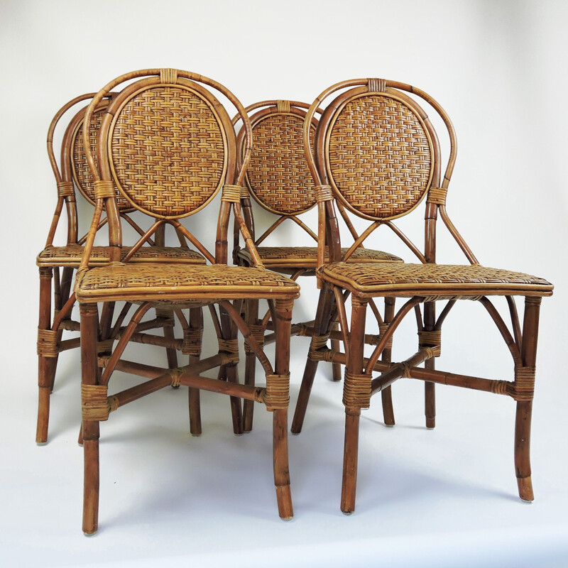 Ensemble de 4 chaises à repas vintage en rotin avec un style bistro parisien, 1990