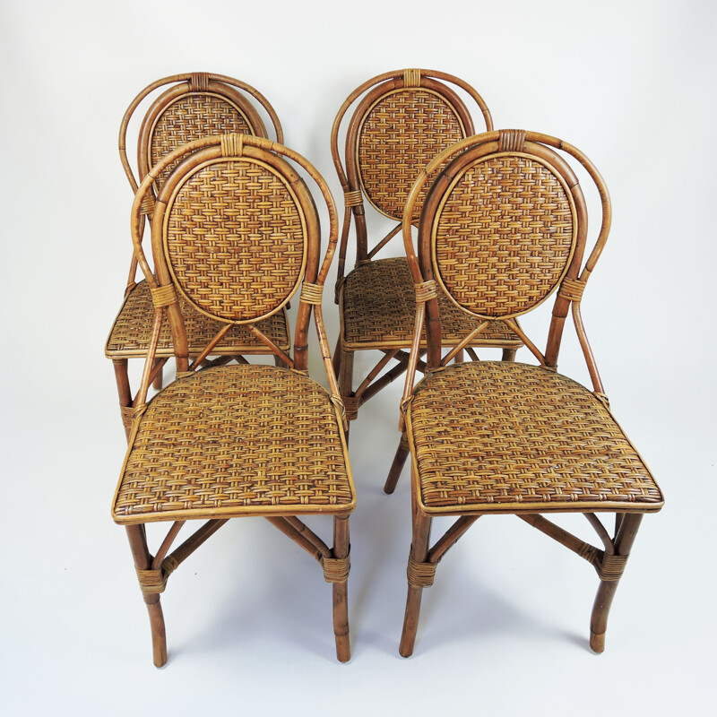Ensemble de 4 chaises à repas vintage en rotin avec un style bistro parisien, 1990