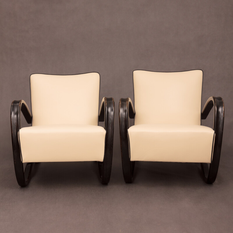 Pair of 269 armchairs in leather and wood, Jindrich HALABALA - 1930s