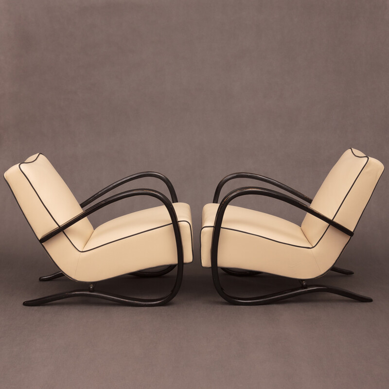 Pair of 269 armchairs in leather and wood, Jindrich HALABALA - 1930s