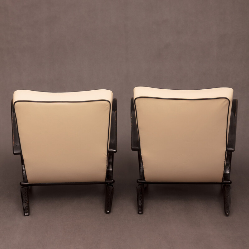 Paire de fauteuils 269 en cuir et bois, Jindrich HALABALA - 1930