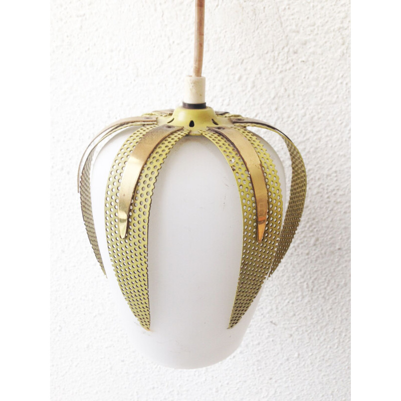 Vintage pendant lamp in perforated metal, brass and glass, Italy 1950