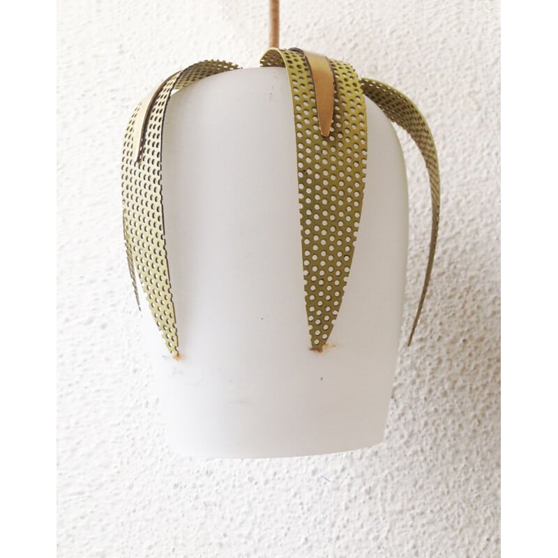 Vintage pendant lamp in perforated metal, brass and glass, Italy 1950