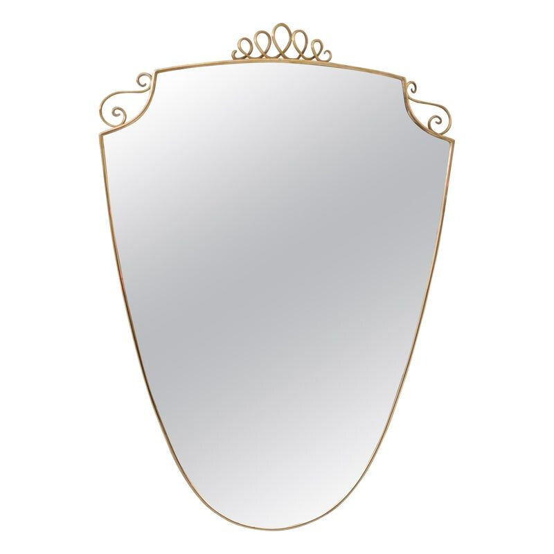 Vintage brass wall mirror in the Shape of a Shield in the Style of Gio Ponti, Italy 1950