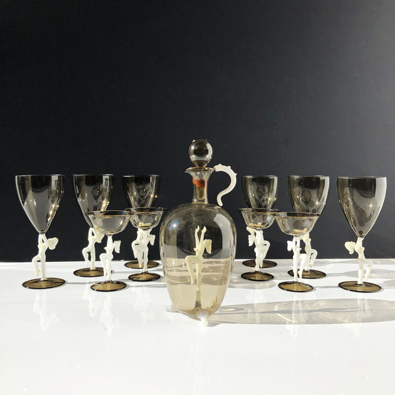 Service liqueur et champagne vintage en cristal teinté et pâte de verre Lauscha & Bimini  - Autriche 1930