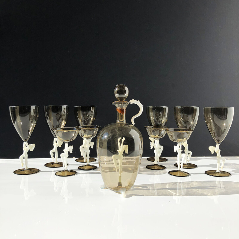 Vintage liqueur and champagne service in tinted crystal glass by Lauscha & Bimini - Austria 1930