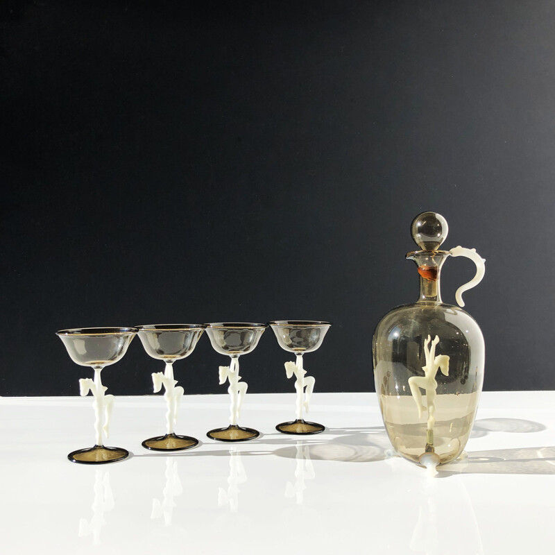 Service liqueur et champagne vintage en cristal teinté et pâte de verre Lauscha & Bimini  - Autriche 1930