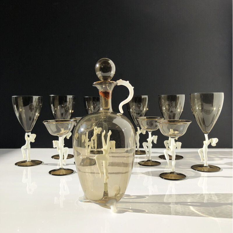 Service liqueur et champagne vintage en cristal teinté et pâte de verre Lauscha & Bimini  - Autriche 1930