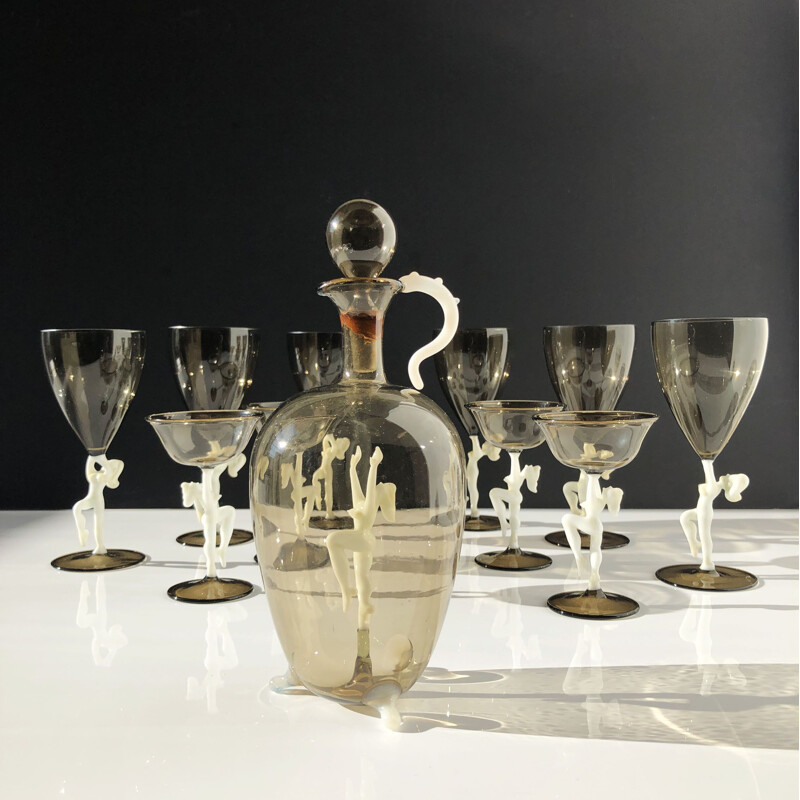 Vintage liqueur and champagne service in tinted crystal glass by Lauscha & Bimini - Austria 1930