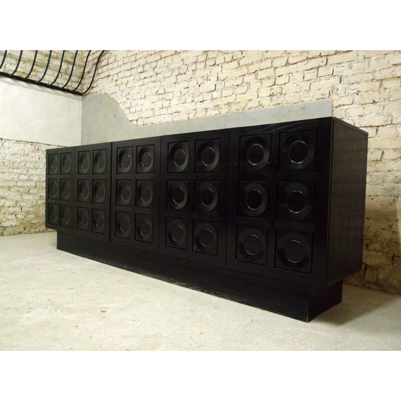 Vintage brustalist sideboard blackened oak, Belgium 1970