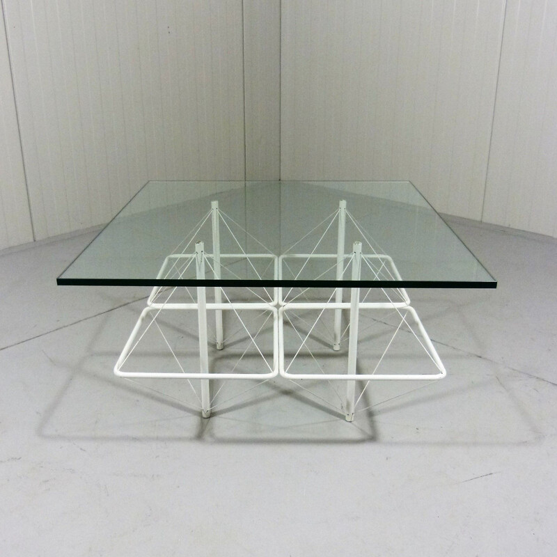 Table basse architecturale vintage en acier et verre