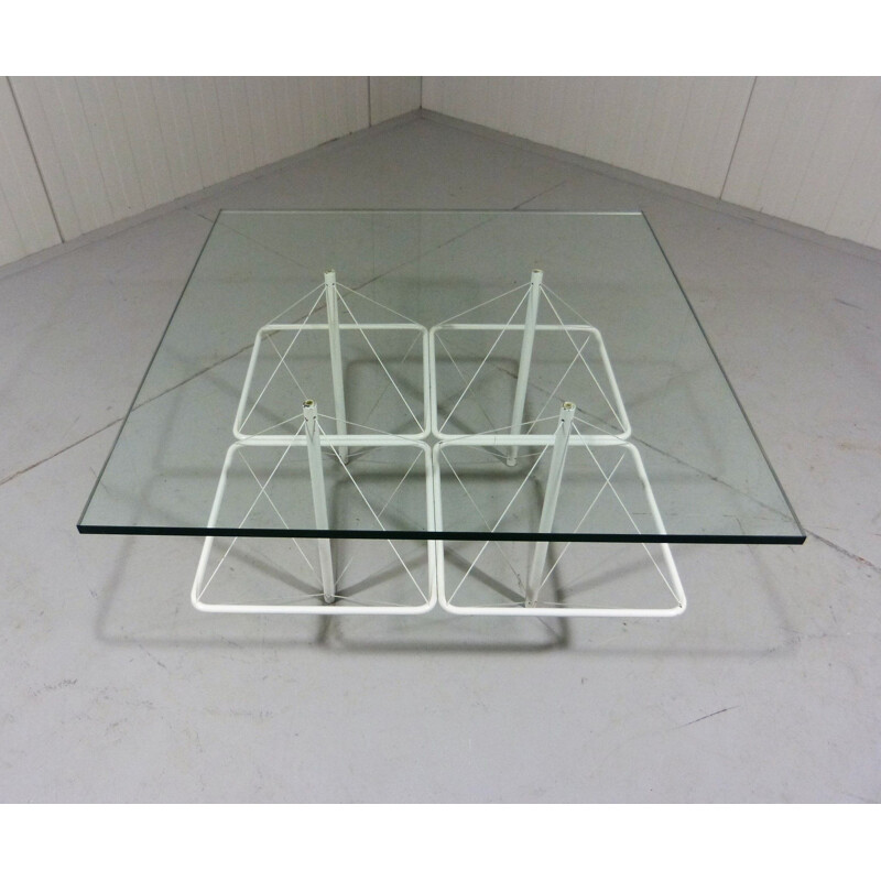 Vintage Architectural coffee table in white wire steel & glass 