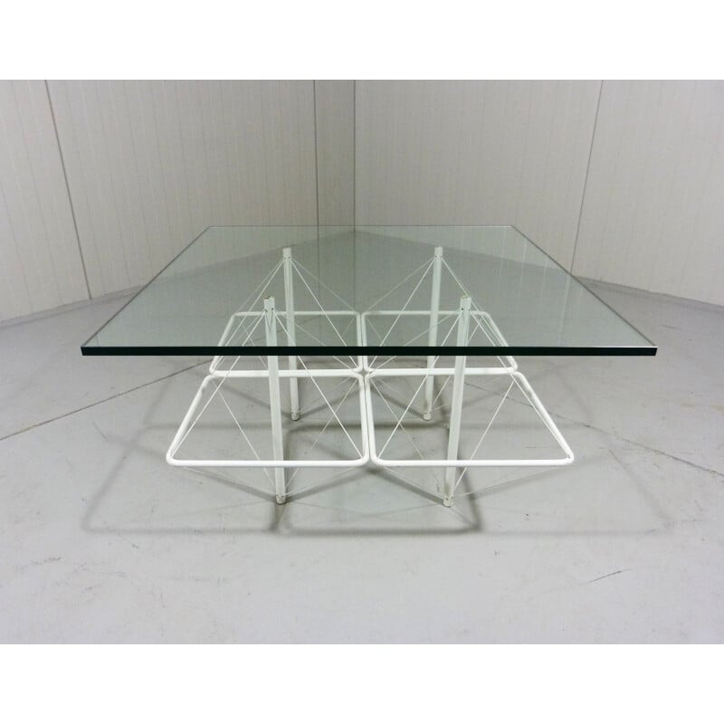 Vintage Architectural coffee table in white wire steel & glass 