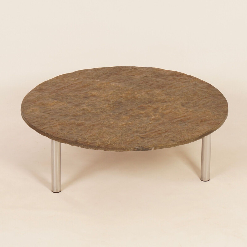 Vintage Round Coffee Table with Dark Colored Slate, 1970s