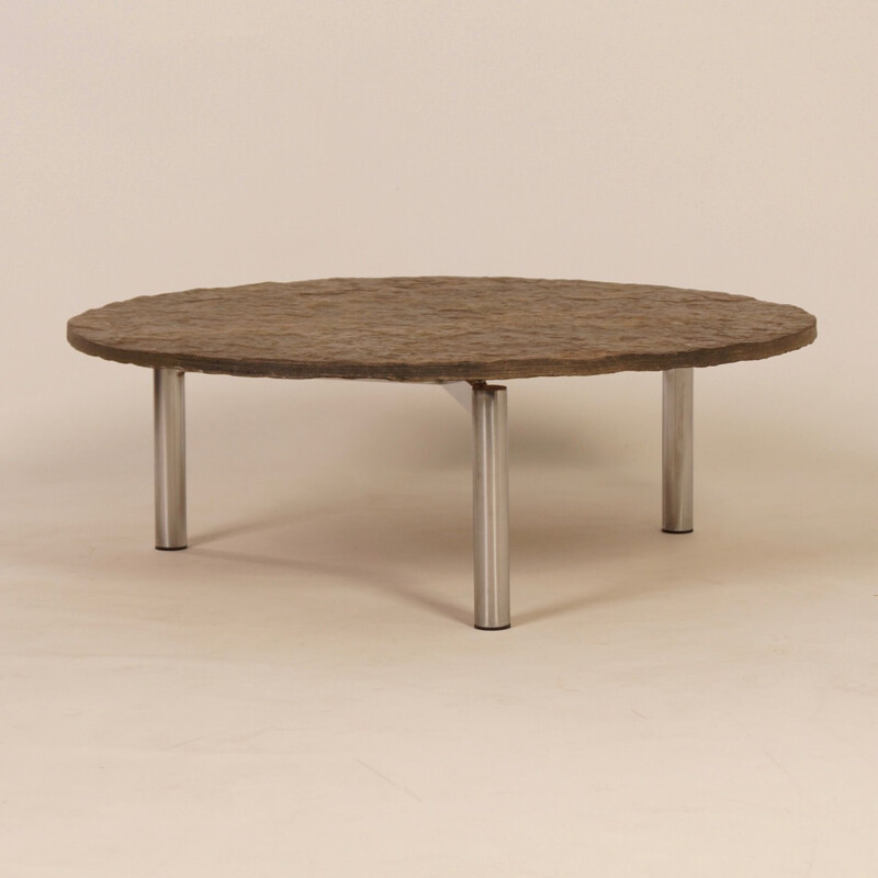 Vintage Round Coffee Table with Dark Colored Slate, 1970s