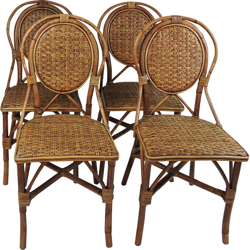 Ensemble de 4 chaises à repas vintage en rotin avec un style bistro parisien, 1990