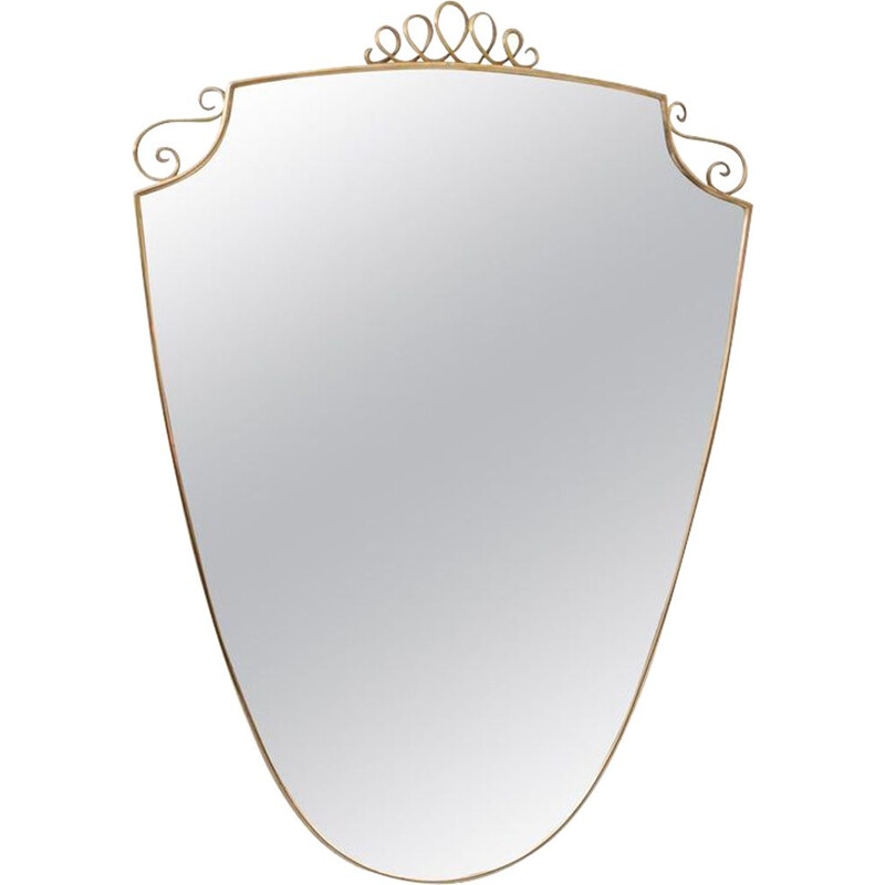Vintage brass wall mirror in the Shape of a Shield in the Style of Gio Ponti, Italy 1950