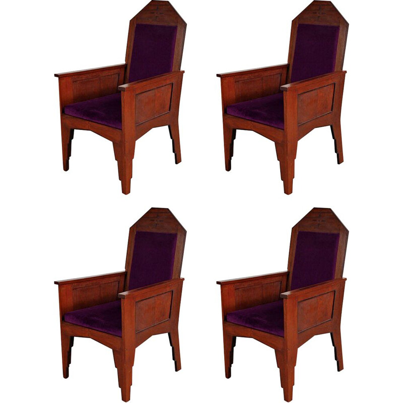 Suite  de 4 fauteuils vintage en bois, Amsterdam Pays-Bas, 1920