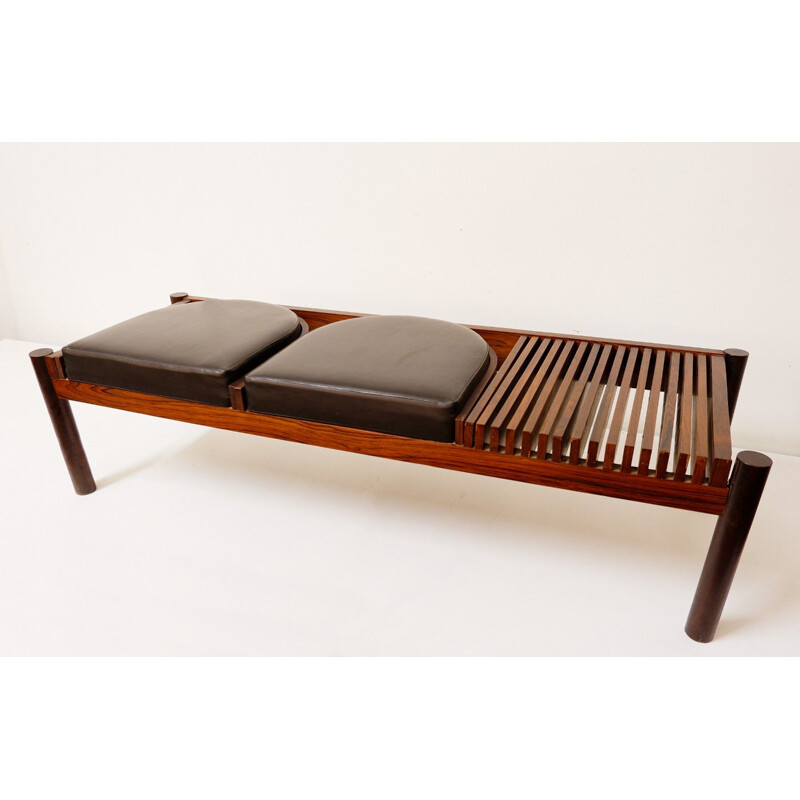 Rosewood bench with black leatherette seats, 1960
