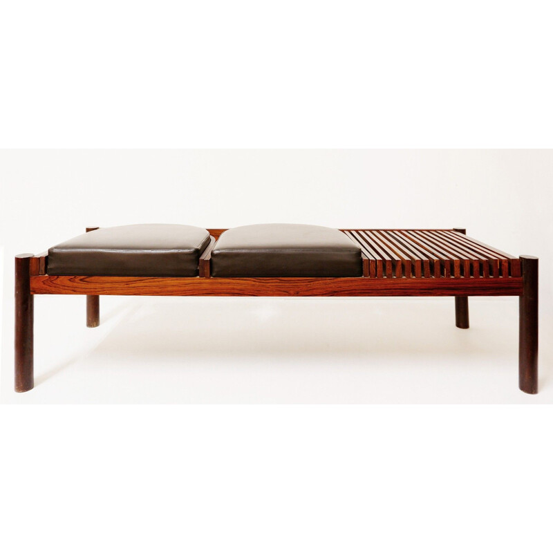 Rosewood bench with black leatherette seats, 1960