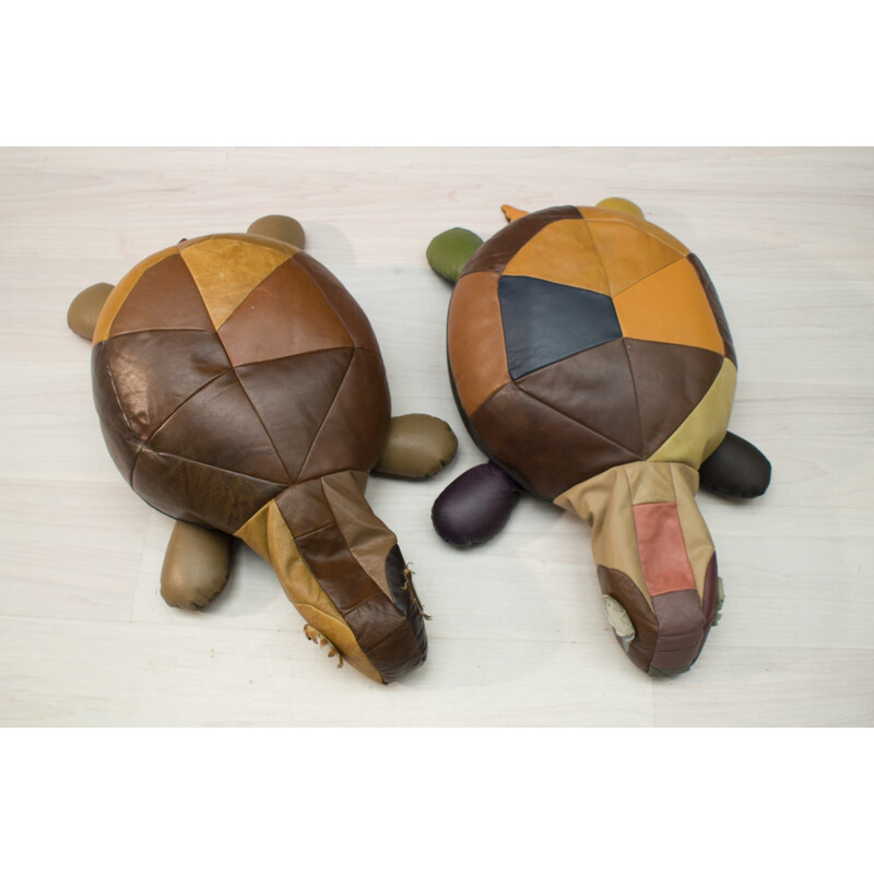 Set of 2 vintage leather Turtle poufs, 1960s