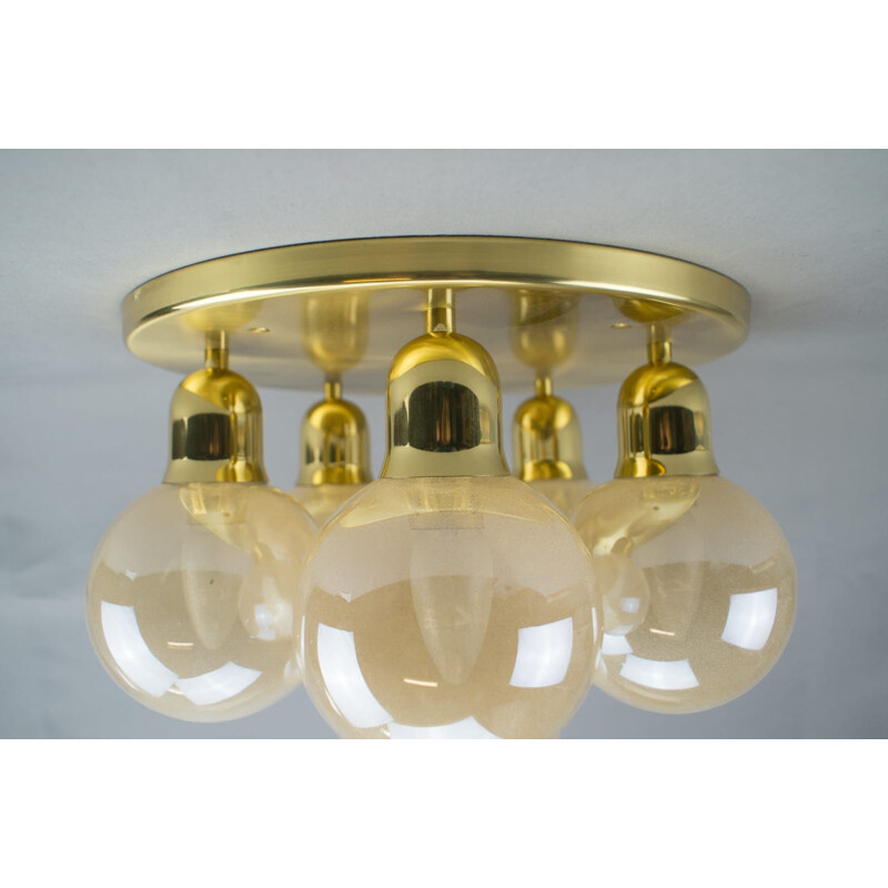 Vintage brass Orbit lamp with amber globe shades, 1970s