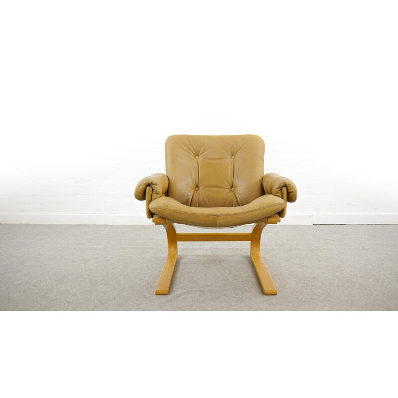 Vintage Kengu armchair in brown leather by Solheim for Rykken, Norway, 1970s