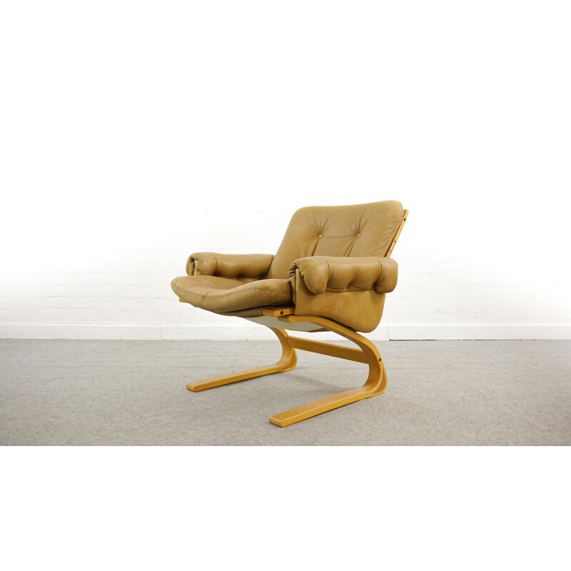 Vintage Kengu armchair in brown leather by Solheim for Rykken, Norway, 1970s