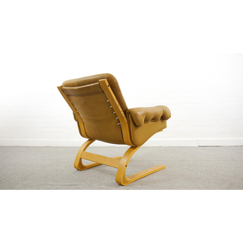 Vintage Kengu armchair in brown leather by Solheim for Rykken, Norway, 1970s
