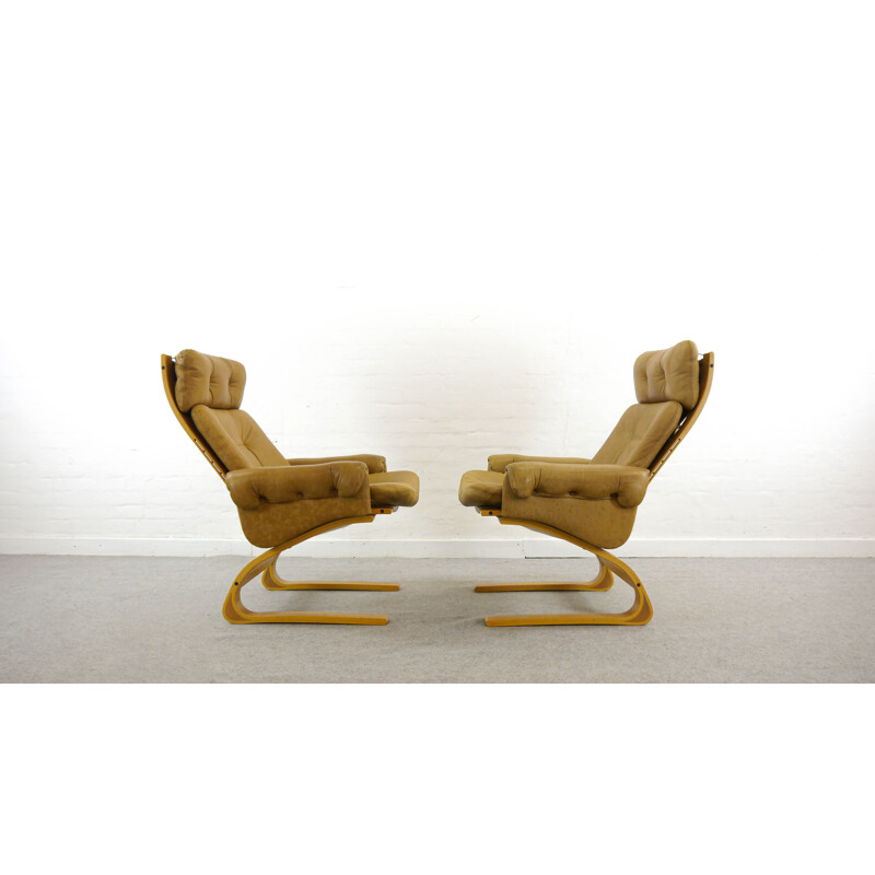 Set van 2 vintage bruin lederen Kengu fauteuils van Solheim de Rykken, Noorwegen, 1970