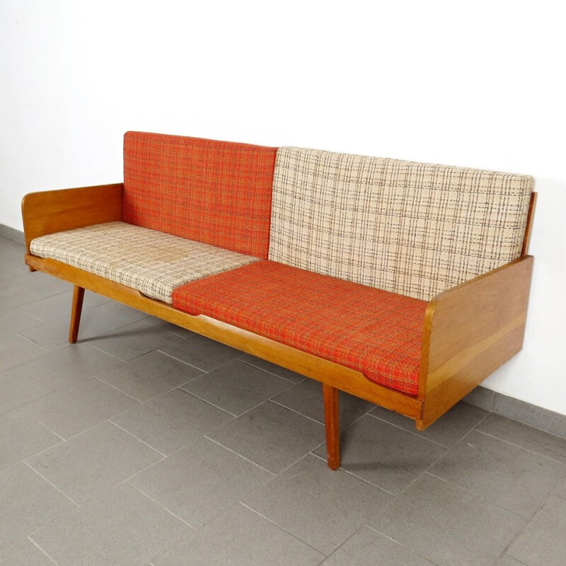 Vintage wooden and fabric 3-seater sofa, 1960s