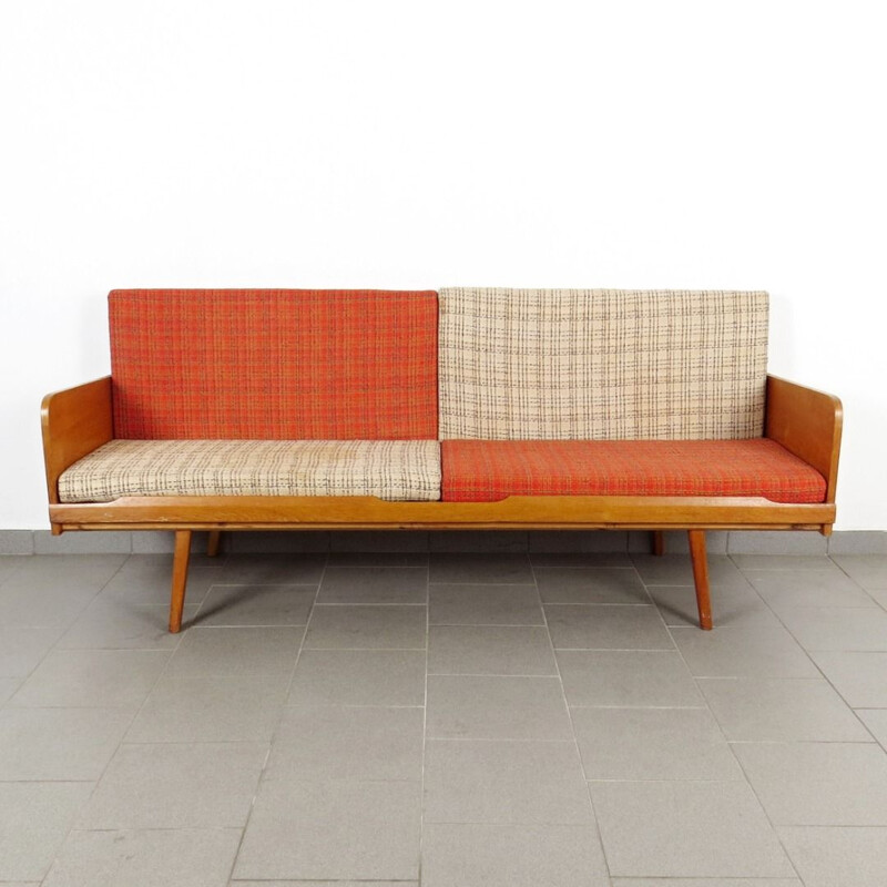 Vintage wooden and fabric 3-seater sofa, 1960s
