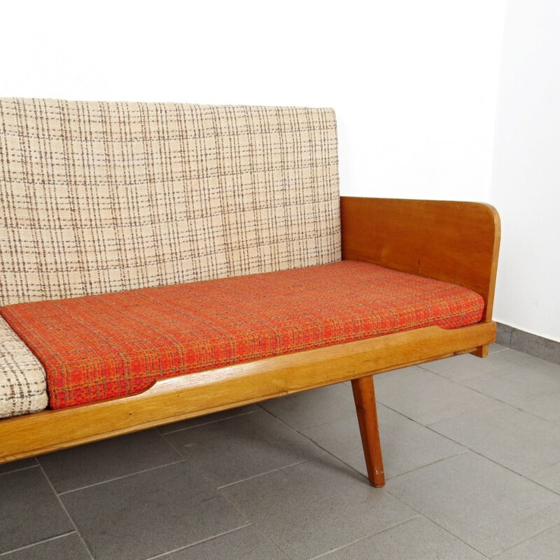 Vintage wooden and fabric 3-seater sofa, 1960s