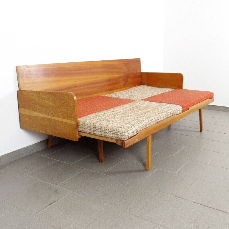 Vintage wooden and fabric 3-seater sofa, 1960s