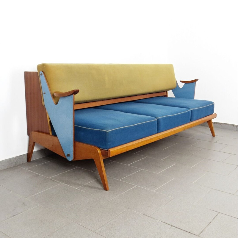 Vintage blue and yellow 3-seater sofa, Czechoslovakia, 1960