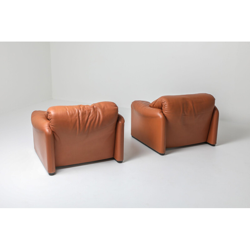 Vintage Maralunga cognac leather club chairs by Vico Magistretti for Cassina, 1974