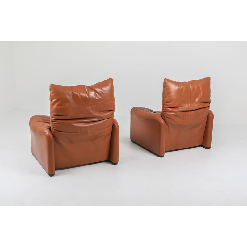 Vintage Maralunga cognac leather club chairs by Vico Magistretti for Cassina, 1974