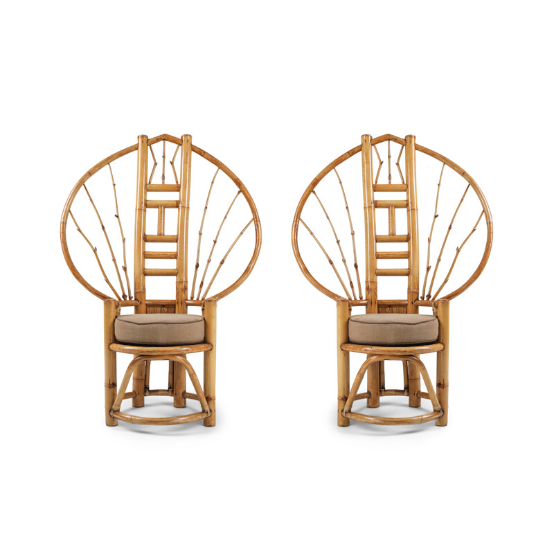 Pair of vintage peacock bamboo chairs, 1970