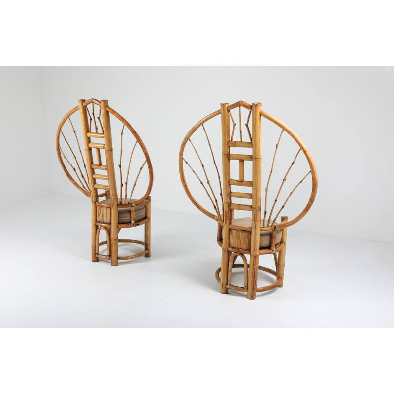 Pareja de sillas vintage de bambú pavo real, 1970