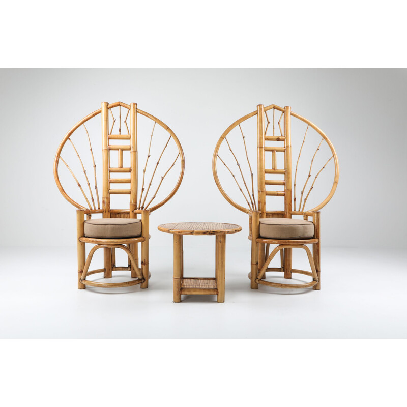 Pair of vintage peacock bamboo chairs, 1970