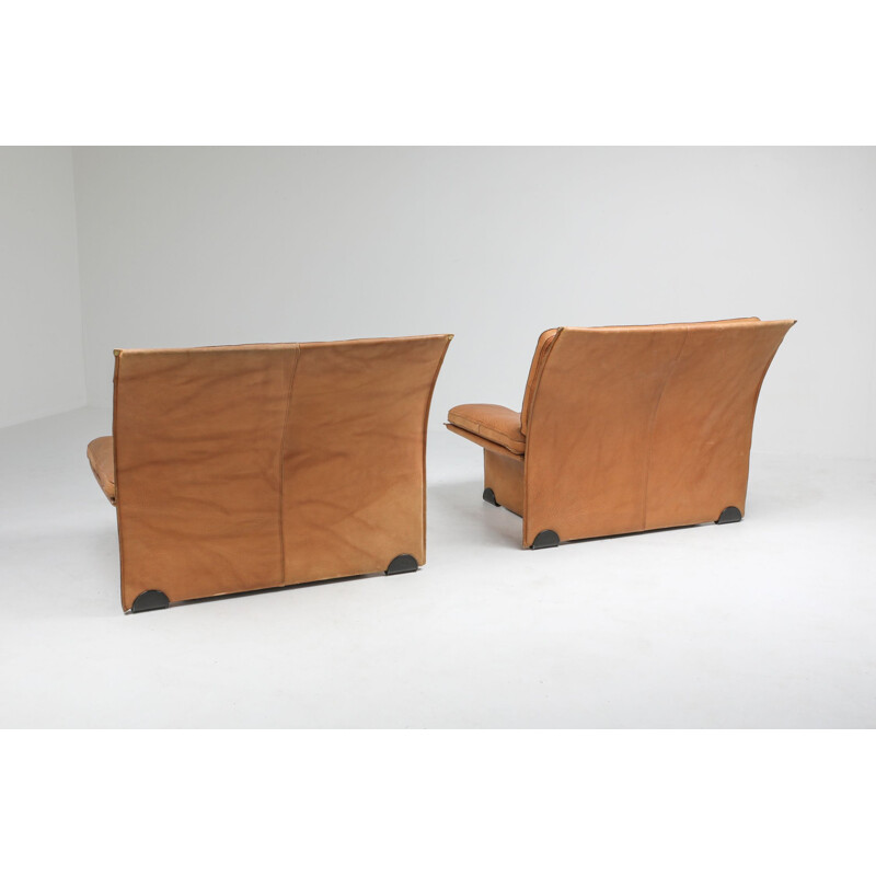 Paire de fauteuils vintage en cuir camel par Titiana Ammannati & Giampiero Vitelli pour Brunati, 1970