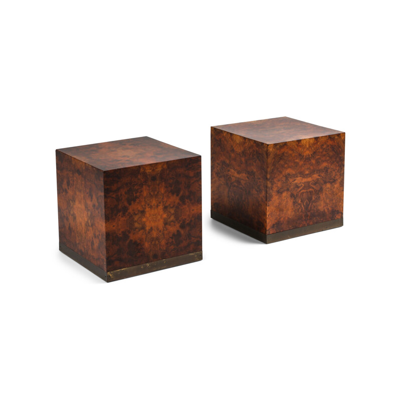 Vintage pair of burl square side tables by Jean Claude Mahey, 1970s