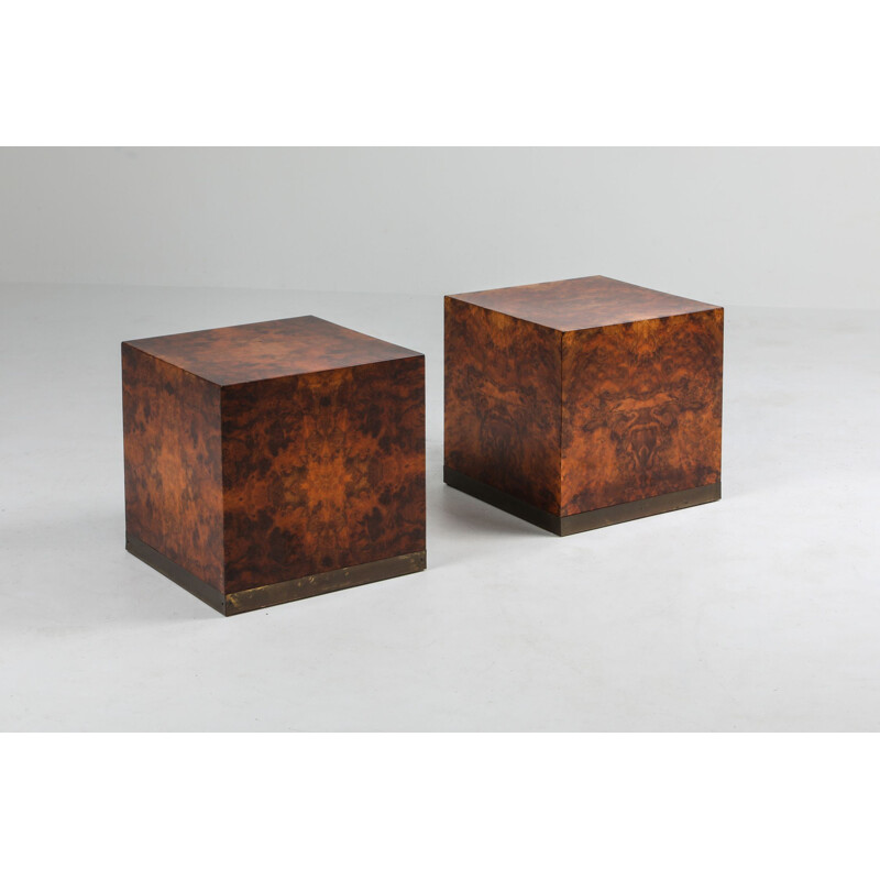 Vintage pair of burl square side tables by Jean Claude Mahey, 1970s