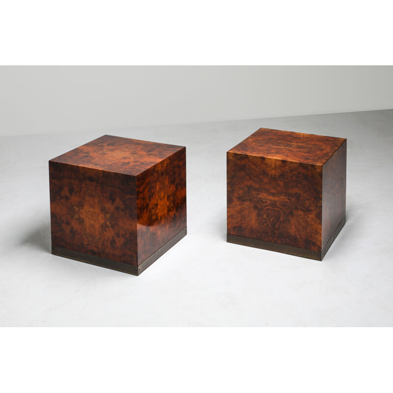 Vintage pair of burl square side tables by Jean Claude Mahey, 1970s