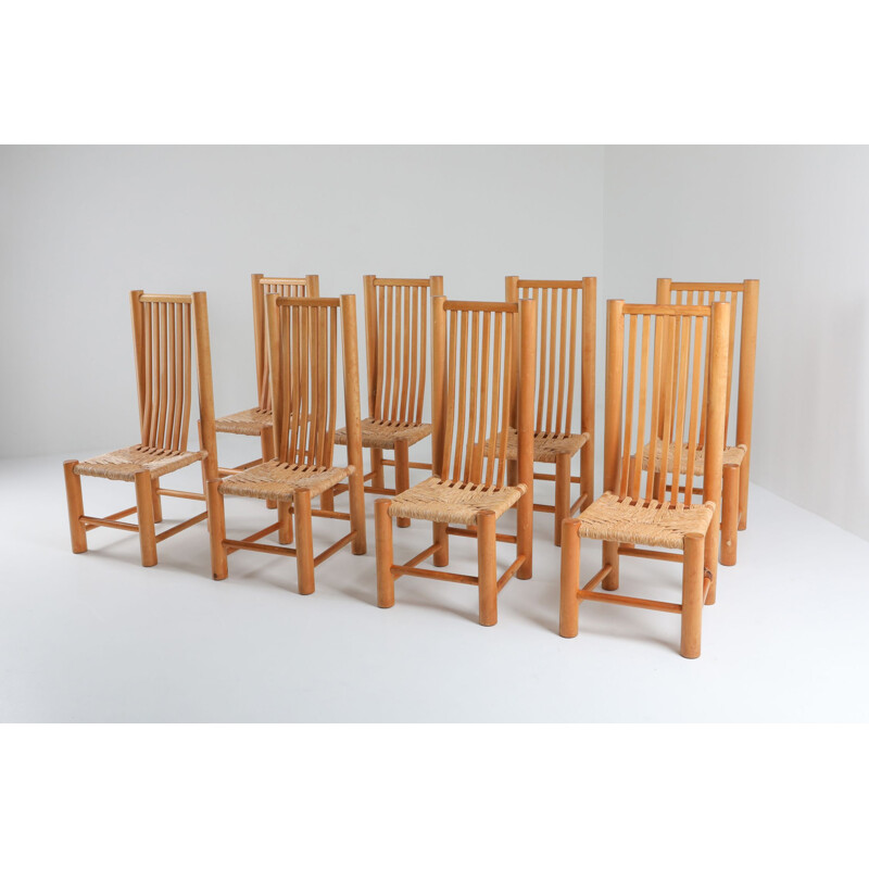 Set of 8 vintage naturalist Solid Elm Dining Room Chairs In The Style of Pierre Chapo 1960
