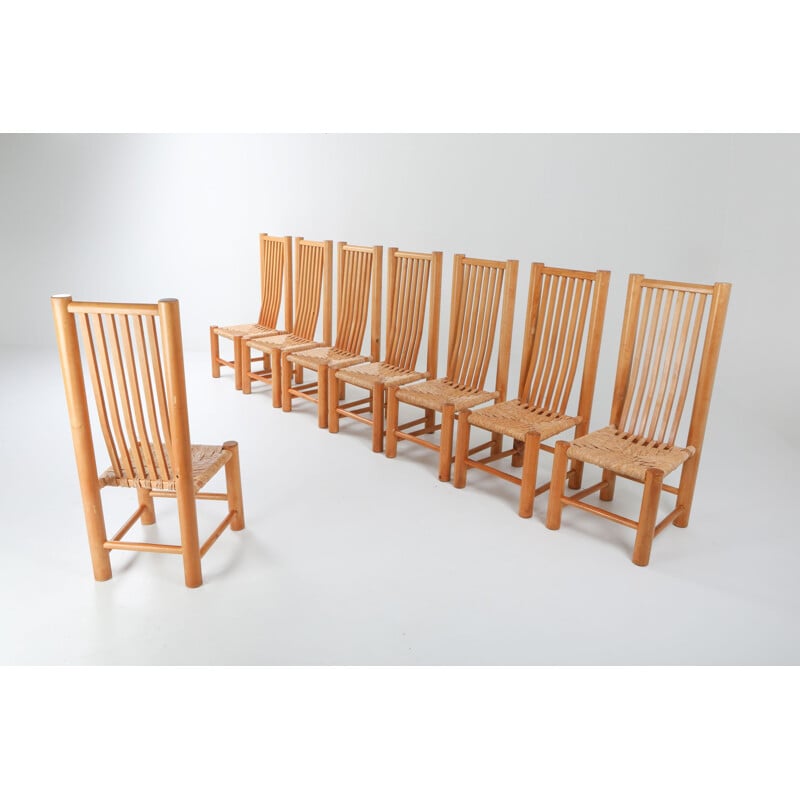 Set of 8 vintage naturalist Solid Elm Dining Room Chairs In The Style of Pierre Chapo 1960