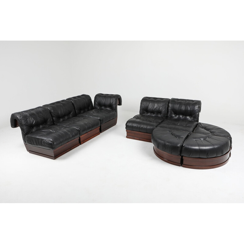 Vintage sofa In black leather & mahogany by Frigerio Sectional 1970