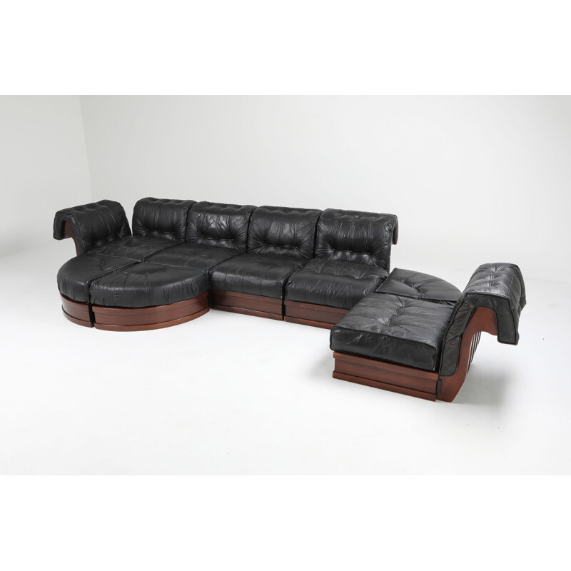 Vintage sofa In black leather & mahogany by Frigerio Sectional 1970