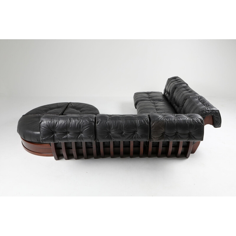 Vintage sofa In black leather & mahogany by Frigerio Sectional 1970