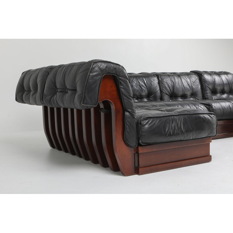 Vintage sofa In black leather & mahogany by Frigerio Sectional 1970